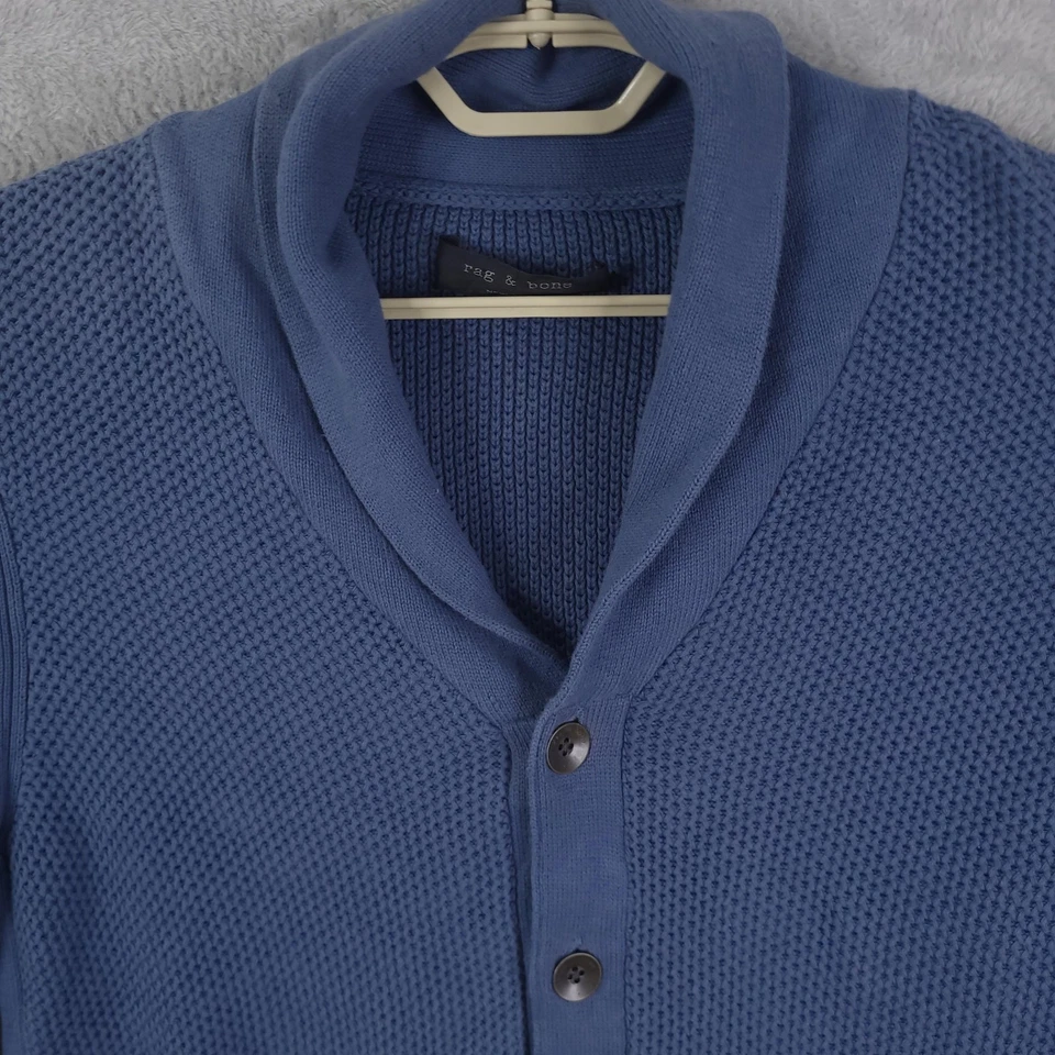 Rag & Bone Sweater Mens XL  Blue Shawl Collar Cardigan Waffle Knit Pockets - Image 4 of 4