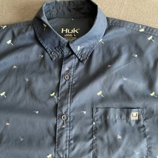Huk Shirt Men's Large Blue Fly Fish Lures Tide Point Performance Fishing Outdoor