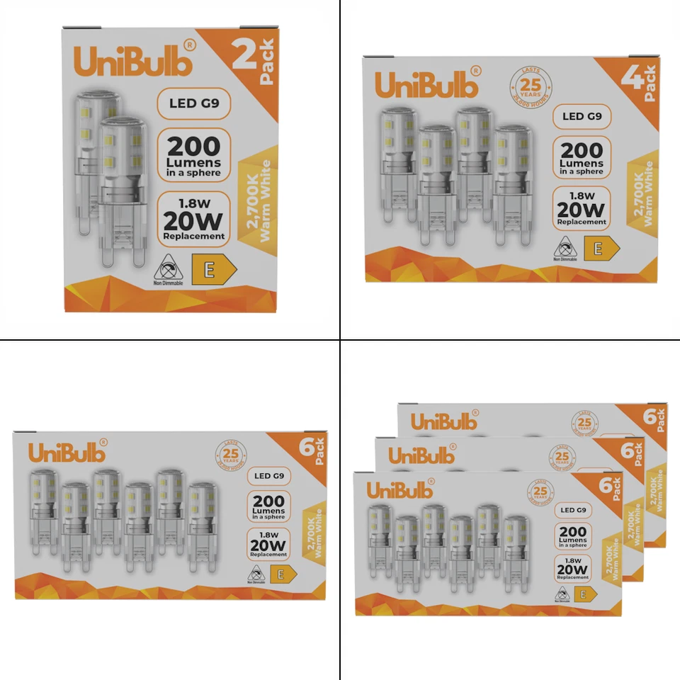UniBulb LED G9 Bulb 200lm 1.8W 2700K Warm White Pack 2 4 6 8 10 12 14 16 18 20