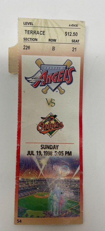 1998 Anaheim Angels vs Baltimore Orioles MLB Baseball Ticket Stub July 19 1998