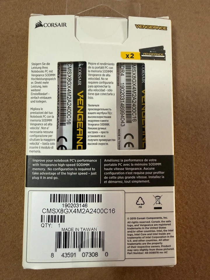 Corsair 8GB Laptop CMSX8GX4M2A2400C16  2x4GB DDR4 SODIMM 2400MHz CL16 Memory Kit - Image 2 of 2