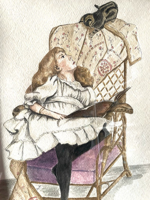 Original Watercolor Painting Girl With Kitten 15 x 12  Signed Frida VTG Framed