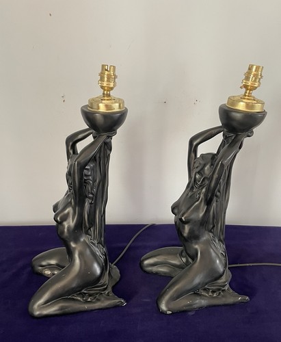 Art Deco Ebonised Plaster Kneeling Nude Female Lamps Pair - Rare - Picture 3 of 12