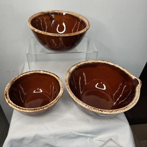 Hull Pottery Nesting Bowl Set Spout Pour Mixing Brown Drip Stoneware Vintage USA