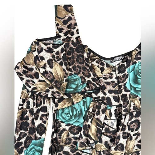 VENUS Womens Cold Shoulder Ruffle Blouse XS Leopard Teal Rose Print Y2K Inspired - Picture 2 of 12