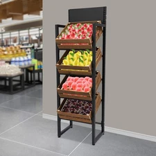 Market Retail Display Rack, Wood Fruit Vegetable Storage Rack Fruit Basket Stand