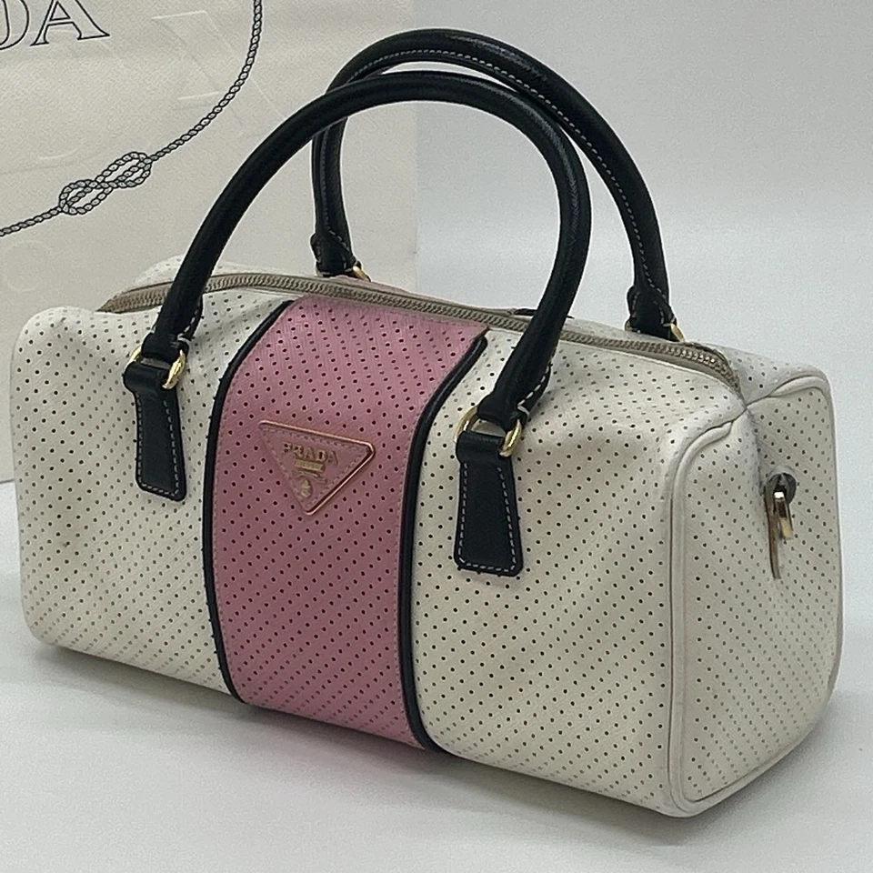 PRADA Mini Boston Punching Bowling Bag Tote Handbag Cream White Pink Leather - Image 3 of 4