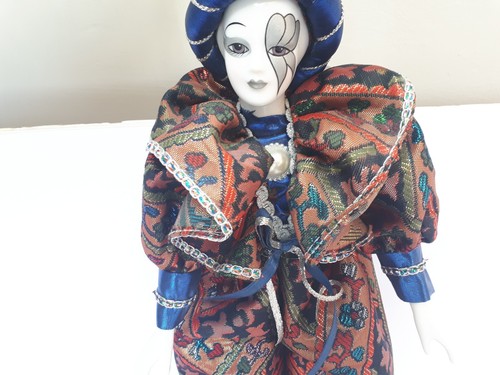 Mardi Gras Jester Harlequin Doll With Porcelain Face, Hands & Legs 17" Figurine - Picture 4 of 15