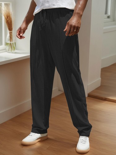 Men's Cotton Casual Pant Loose Fit Elastic Drawstring Waist Straight-Legs Summer - Picture 3 of 13