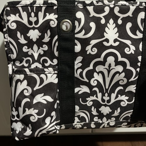 Thirty-One Organizing Utility Tote Bag Black White Pattern Pockets Open Top - Picture 6 of 12