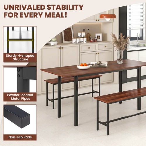 3 PCS 63" Extendable Kitchen Table Set w/ 2 Benches Metal Frame for Small Space - Picture 7 of 8