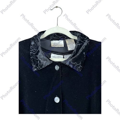Vintage Kathie Lee Collection 2-teiliges Set XL schwarz Samt Blumenprägung Jacke Kleid - Bild 7 von 7