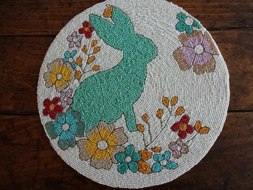 RACHEL ZOE Round BEADED BUNNY Easter FLORAL 15" CHARGERS Placemats 2PC - Picture 2 of 3