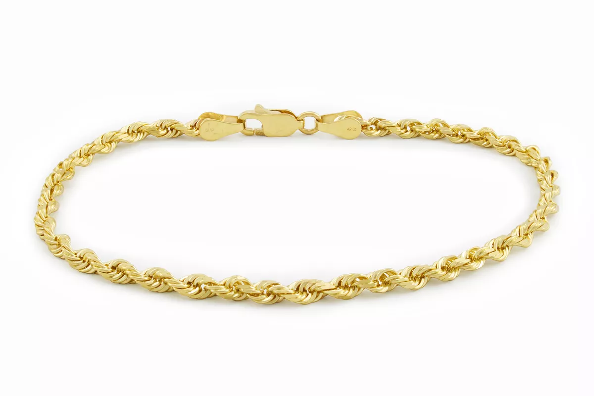 14K Yellow Gold Solid 3mm Mens Italian Rope Chain Bracelet w