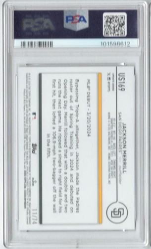 2024 TOPPS UPDATE JACKSON MERRILL BLACK RC #/74 PSA 8 NM-MT POP 4 1^ #US169 - Picture 2 of 2