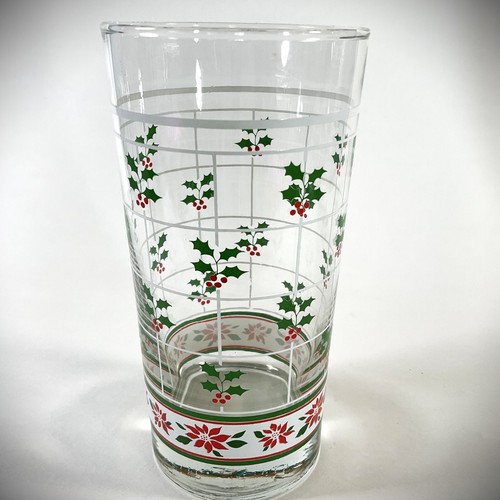 VTG 2 Libbey Christmas Windowpane Tumbler/ Hiball Glasses Holly Poinsettia 12 oz - Picture 5 of 13