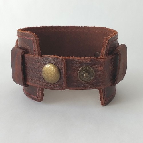 Signed  Genuine Leather Stamped Copper Leaf Tag Bracelet Handmade Statement - Picture 8 of 11