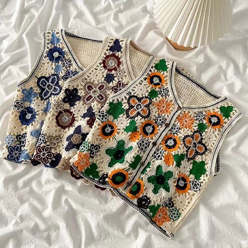Women Hollow Crochet Knit Vest Waistcoat Beaded Floral Button Crop Cardigan Top - Picture 5 of 11
