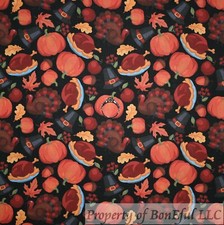 BonEful Fabric FQ Cotton Quilt Black Red Orange Pumpkin Fall Leaf Brown Turkey S