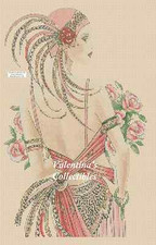 Art Deco Lady in Pink Dress and Roses Counted Cross Stitch Chart  No.1-106 