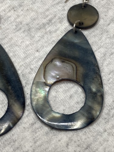 Vtg Silver Abalone Rainbow Shell Dangle Pierced Earrings - Picture 3 of 12