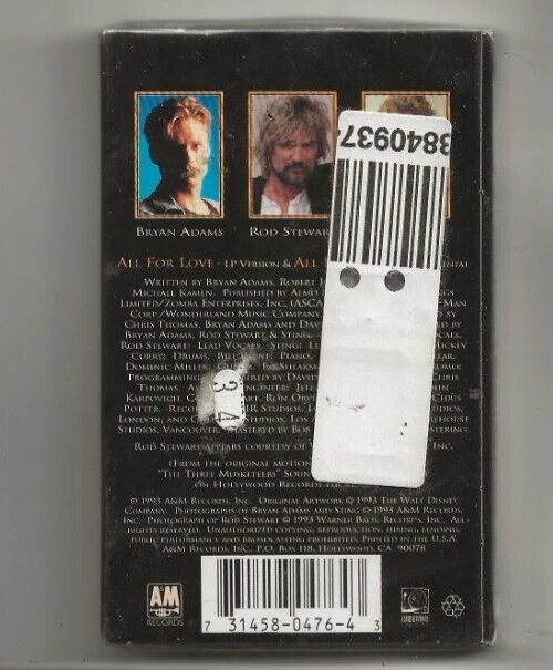BRYAN ADAMS ROD STEWART STING ALL FOR LOVE USA CASSETTE SINGLE, MINT - Image 2 of 2