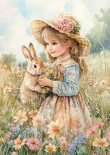 print ACEO Art Card Rabbit Girl Garden Flower Bunny Animal Limited Edition