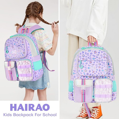 Girls School Backpack for Ages 6-12, Purple Leopard Print Bookbag with Adjust... - Picture 6 of 7