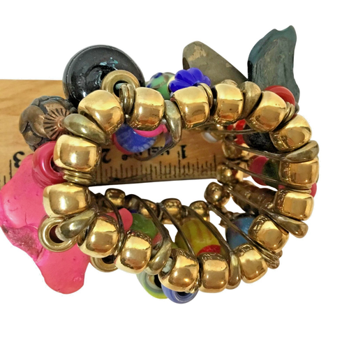 Vintage Fetish Pin Bracelet Beaded Gold-Tone Stretch Multicolor Charm Statement - Picture 5 of 7