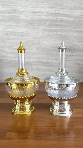 Thai Buddhist Water Gravel Set Pour Container Merit Tradition Pattern Silver - Picture 12 of 12