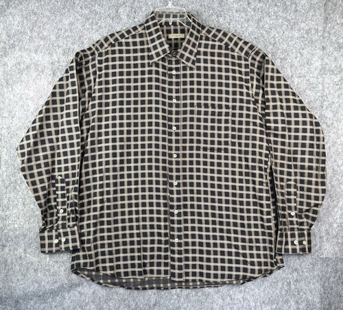 Burberry London Men's Button Shirt Black and Gold Plaid Long Sleeve XL USA