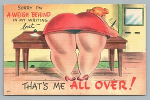 A Weigh Behind Large Woman Bending Over Desk Risque Vintage Linen