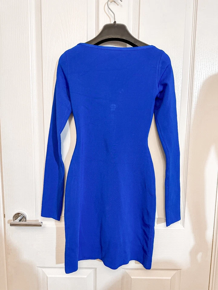 DAVID KOMA Синее трикотажное платье с длинным рукавом и кристаллической молнией спереди Облегающее мини-платье для вечеринок XS - Изображение 4 из 4