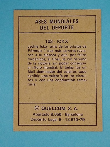 Quelcom Ases Mundiales Del Deporte 1979 Jackie Ickx F1 #103 - Imagen 2 de 2
