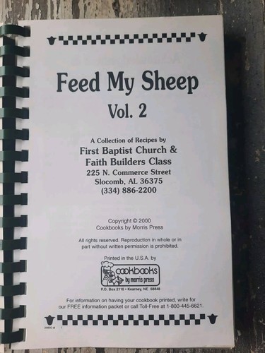 Feed My Sheep Volume 2 First Baptist Church Cookbook Slocomb AL - Picture 2 of 4