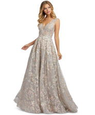 Silver Grey Floral Embellished Ball Gown V-Neck Sleeveless Formal Evening Dress