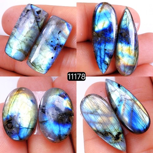 4Pair 114 Ct Natural Labradorite Cabochon Gemstone Pair Lot 32x10-20x12mm #11178 - Picture 1 of 5
