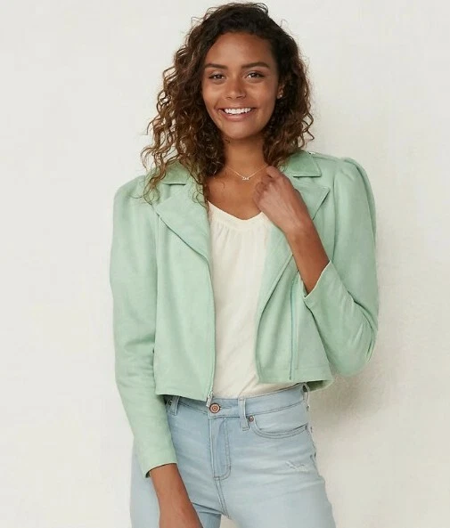 Women's LC Lauren Conrad Puffed Sleeve Moto Jacket Flirty Green Size XL