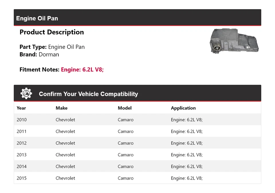 Para Chevrolet Camaro 2010-2015 6,2 L V8 Dorman motor cárter de aceite 2011 2012 2013 Foto 2 de 4