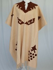 Vintage Handmade Wool Velour Aztec Poncho Large Beige Brown EUC F5
