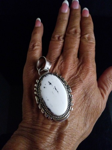 Navajo  White Buffalo Turquoise & Sterling Silver Signed Pendant Cecil Atencio - Picture 5 of 11