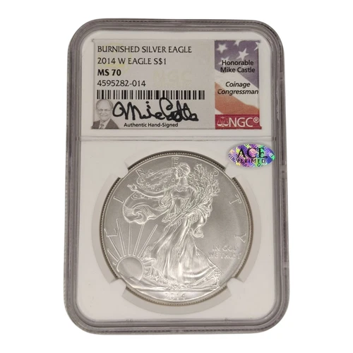 2014 W BURNISHED NGC MS70 SILVER EAGLE MIKE CASTLE SIGNED 3B