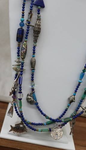 STERLING SILVER TURQUOISE LAPIS AMETHYST CLOISONNÉ STONE CHARM NECKLACE WOW - Picture 6 of 8