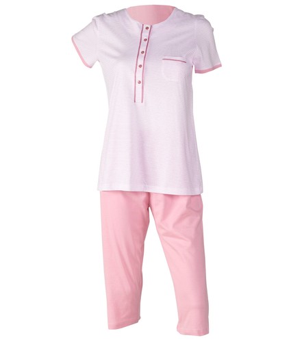 Ladies Jersey Cotton Pyjamas Stripey Top Plain 3/4 Length Cropped Bottoms PJ Set - Picture 24 of 34