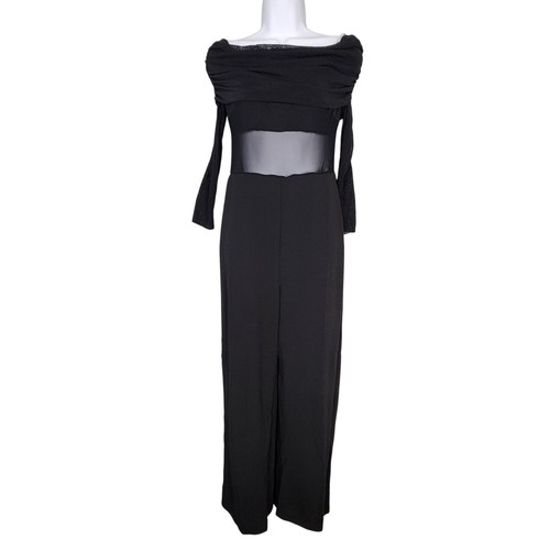 Lulus Sultry Statement Black Mesh Ruched Off-The-Shoulder Jumpsuit Medium - Picture 1 of 8