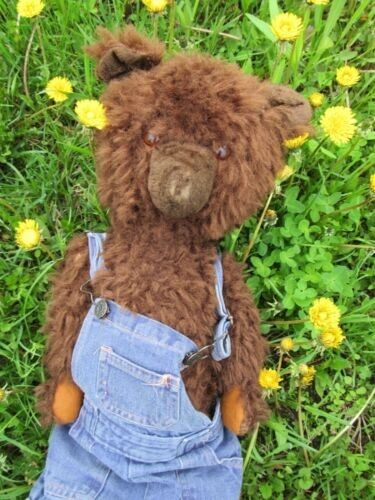 VINTAGE RUBBER FACE PLUSH TEDDY BEAR RED BROWN BEIGE BUTTON EYES 195OS TOY 14" - Picture 17 of 24
