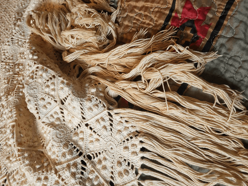 Antique Crochet Bedspread Handmade Cotton Popcorn Pinwheel Fringe Natural - Picture 7 of 7