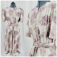 Vintage California Looks Tan & Cream Dress w Purple & Green Florals Size 16P