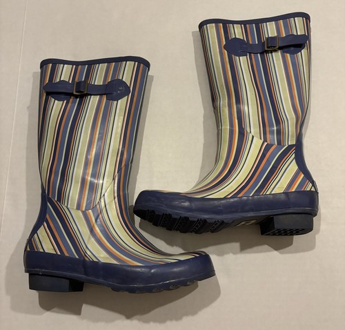 LL Bean Größe 7 Damen-Gummistiefel Schlamm-Regenstiefel hoch wasserdicht Gummi gestreift blau - Bild 1 von 6