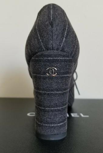 CHANEL SYMPHONY N5 CC LOGO GREY FABRIC LACE UP HEEL OXFORDS EU 37 I LOVE SHOES - Picture 5 of 8